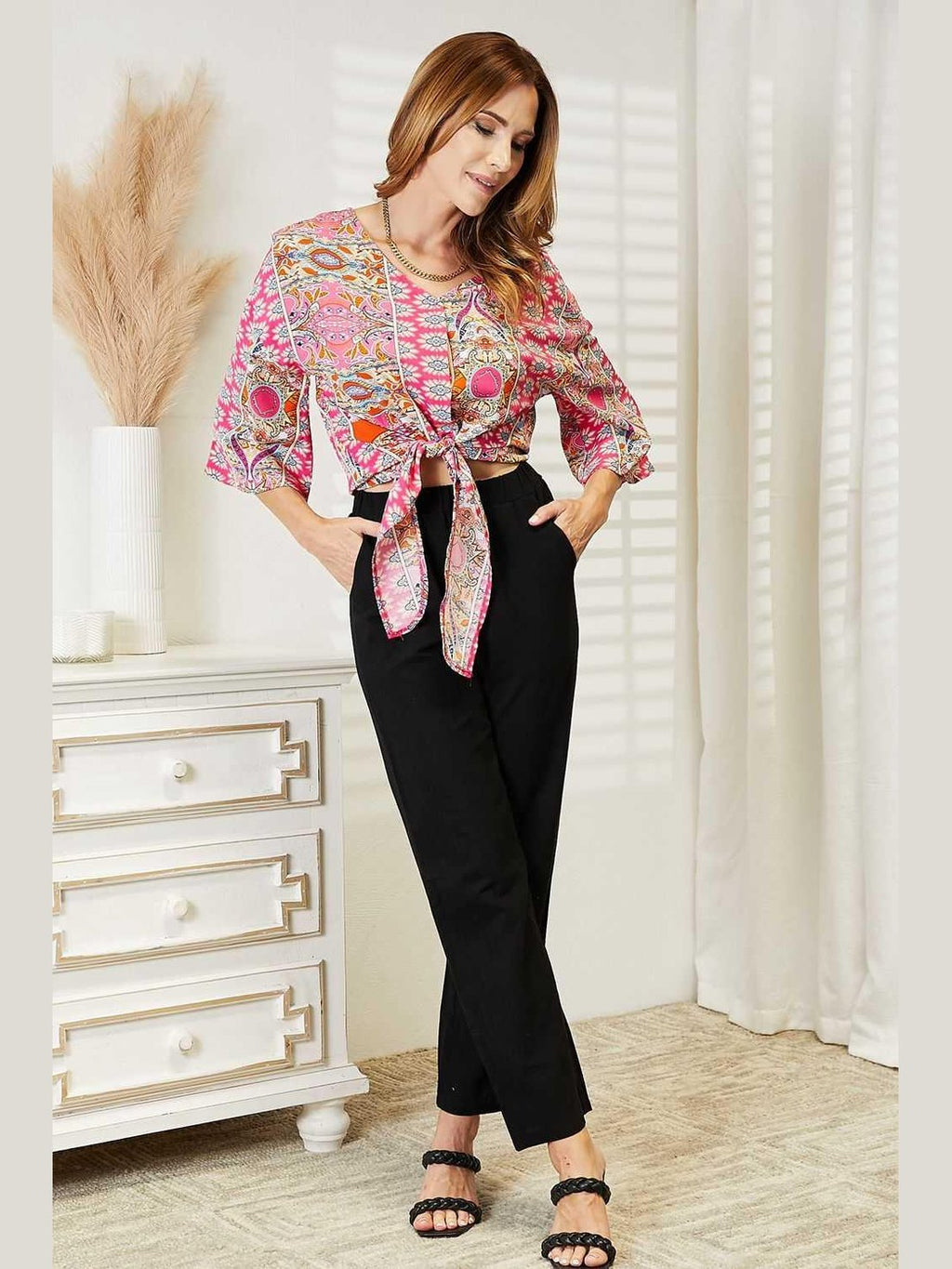 Tie Hem V-Neck Three-Quarter Sleeve Blouse -- 