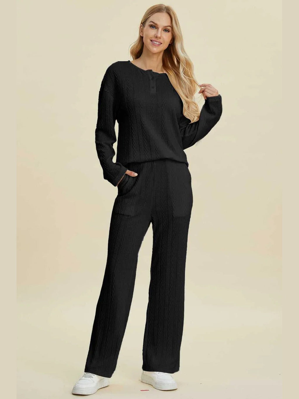 Double Take Full Size Cable-Knit Long Sleeve Top and Pants Set -- 