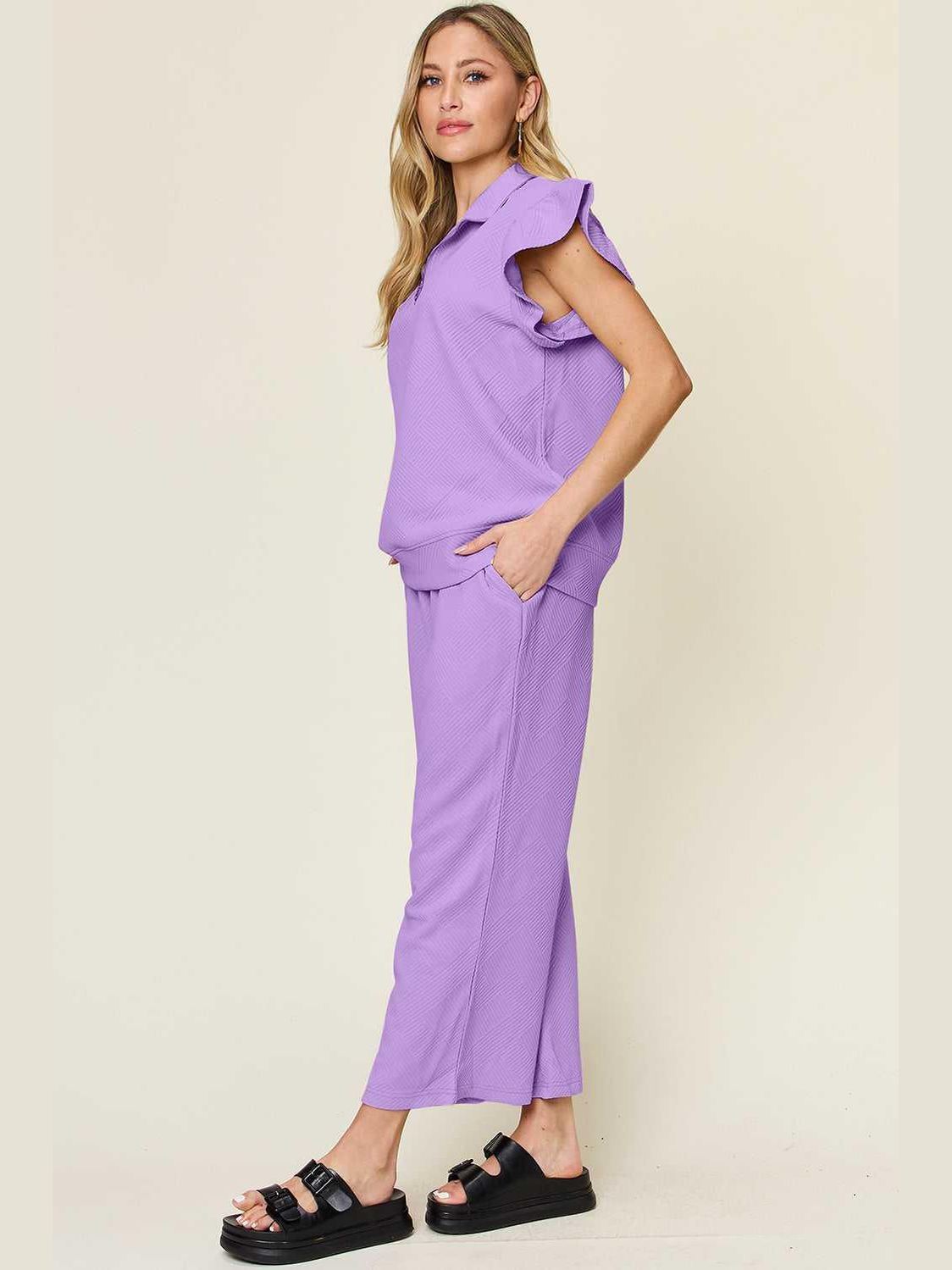 Ruffle Short Sleeve Top and Drawstring Wide Leg Pants Set -- 