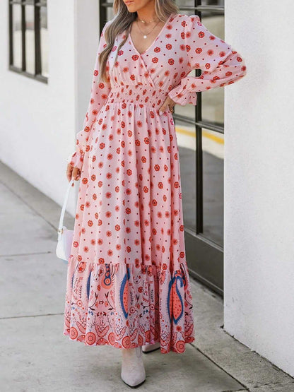 Printed Surplice Flounce Sleeve Maxi Dress