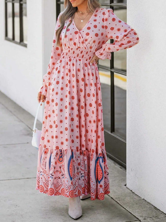 Printed Surplice Flounce Sleeve Maxi Dress