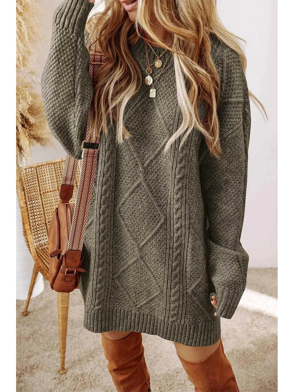 Cable-Knit Round Neck Sweater Dress -- 