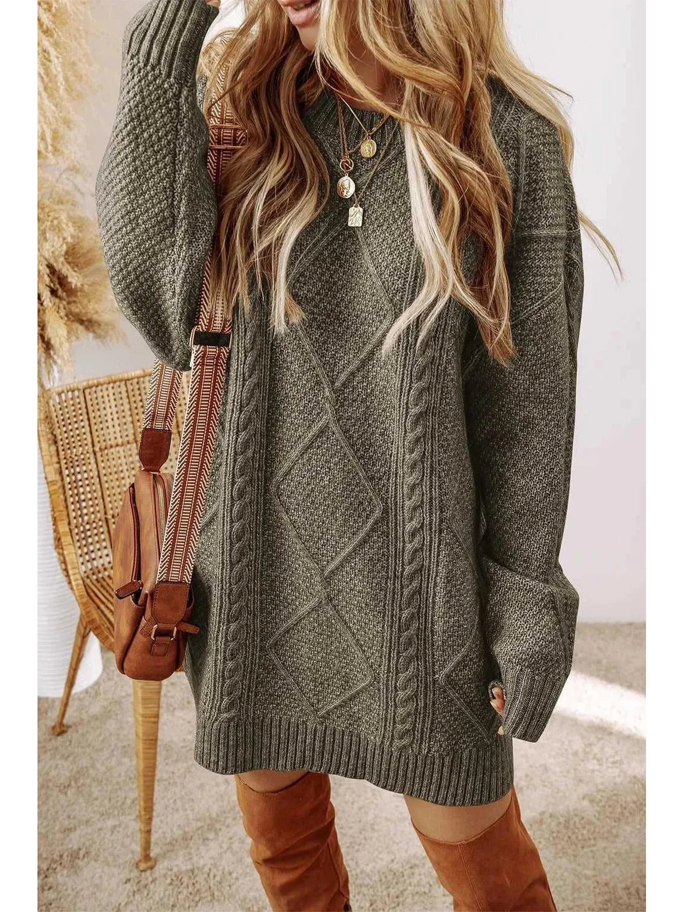 Cable-Knit Round Neck Sweater Dress -- 