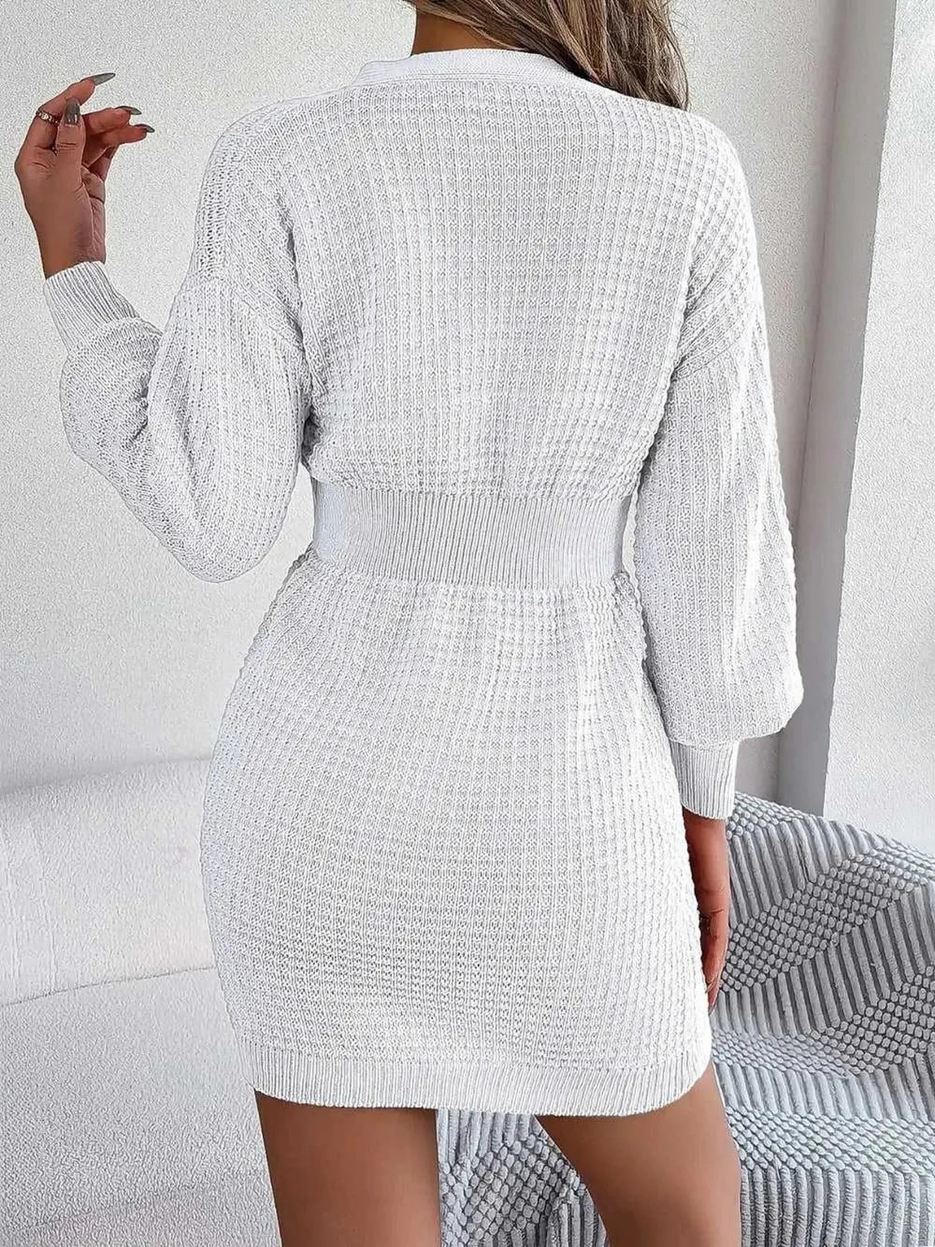 Buttoned Cable-Knit V-Neck Sweater Dress -- 