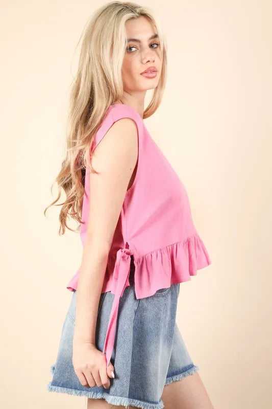 VERY J Side Tie Detail Ruffled Sleeveless Top