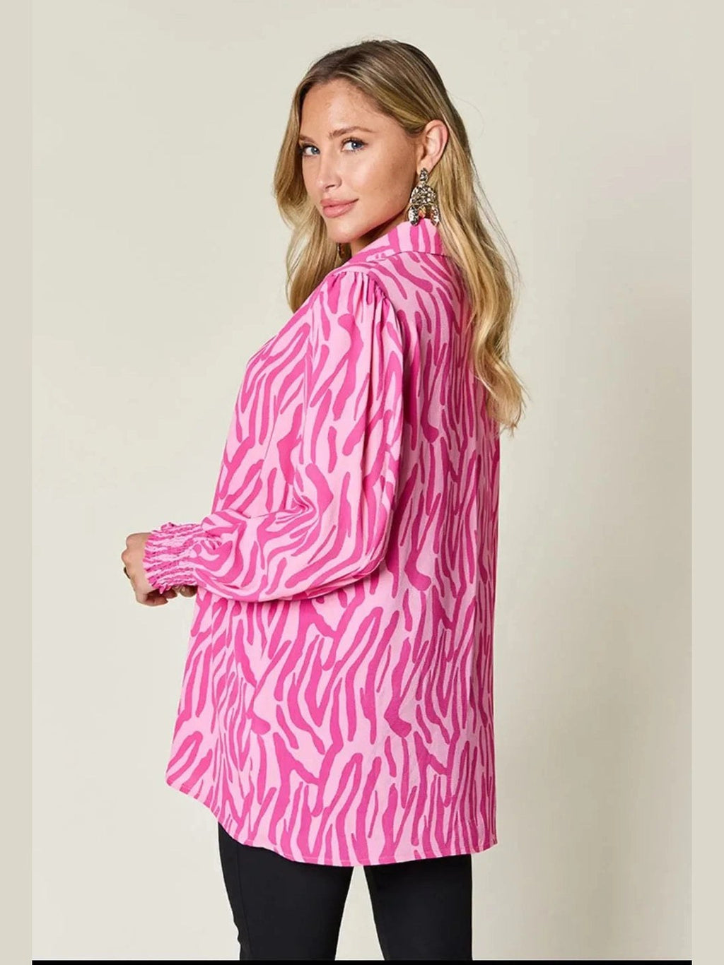 Double Take Full Size Printed Smocked Long Sleeve Blouse Plus Size -- 