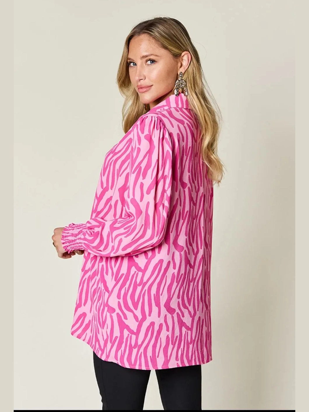 Double Take Full Size Printed Smocked Long Sleeve Blouse Plus Size -- 
