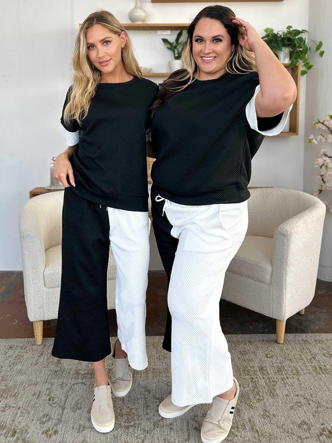 Double Take Full Size Texture Contrast T-Shirt and Wide Leg Pants Set -- 
