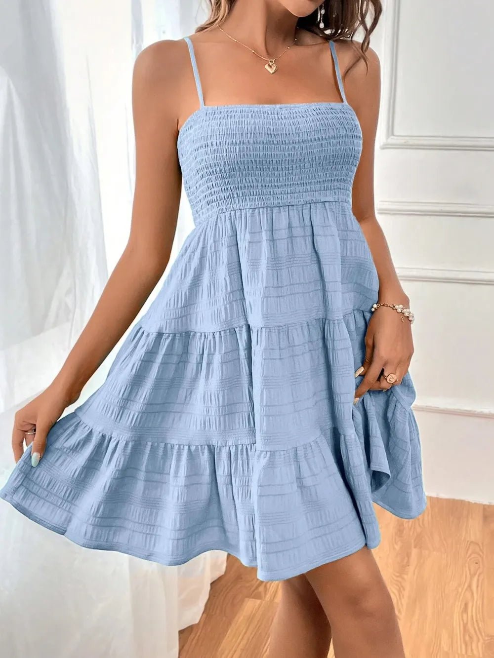 Smocked Tiered Sleeveless Midi Dress – Boho Summer Style