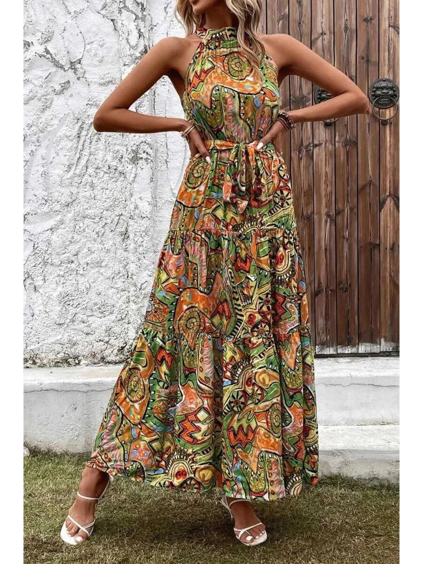 Tied Floral Sleeveless Dress -- 