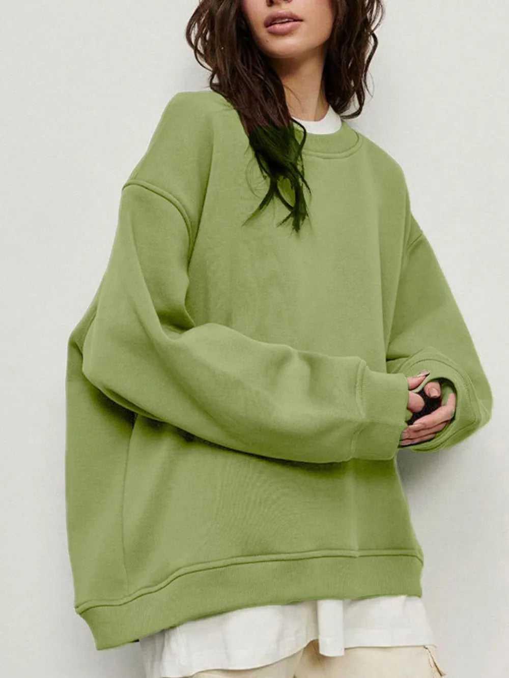 Round Neck Dropped Shoulder Long Sleeve Sweatshirt -- 
