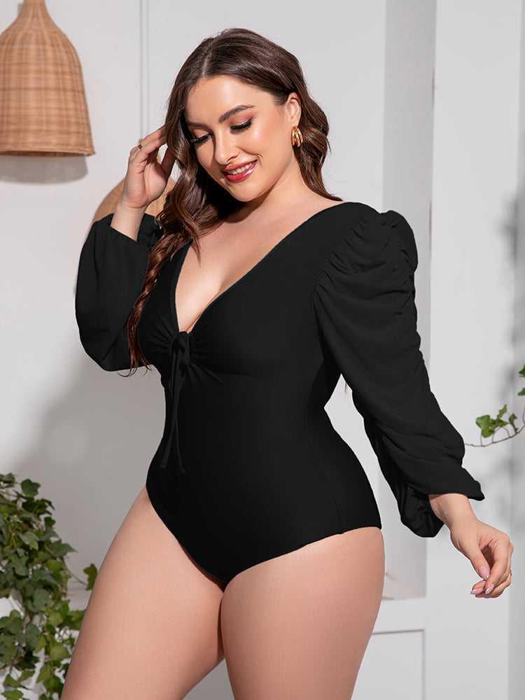 Plus Size Tied Deep V Balloon Sleeve One-Piece Swimsuit -- 