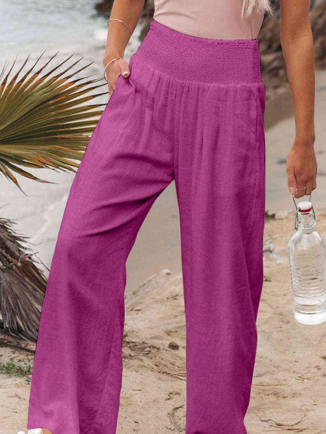 Full Size Smocked Waist Wide Leg Pants -- 
