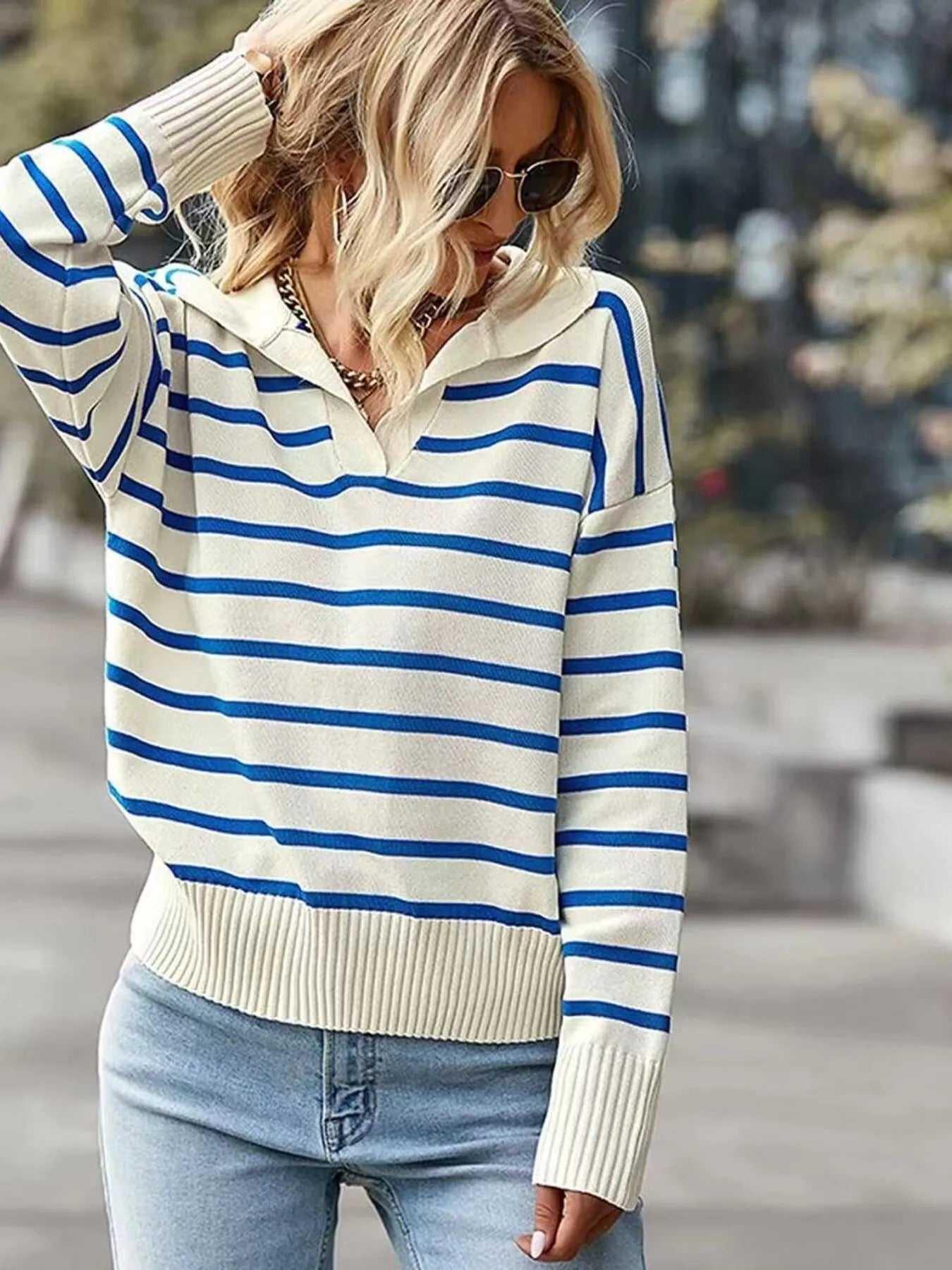 Ribbed Hem Long Sleeve Striped Sweater -- 