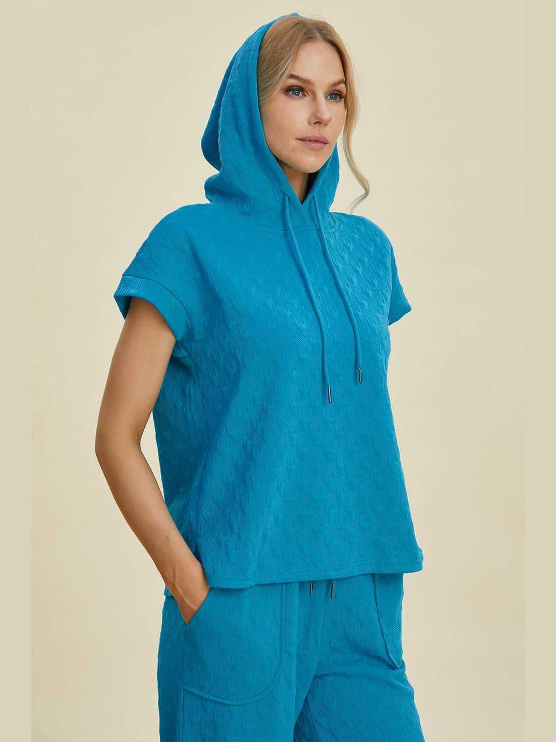 Double Take Full Size Texture Drawstring Short Sleeve Hoodie and Pocketed Pants Set -- 