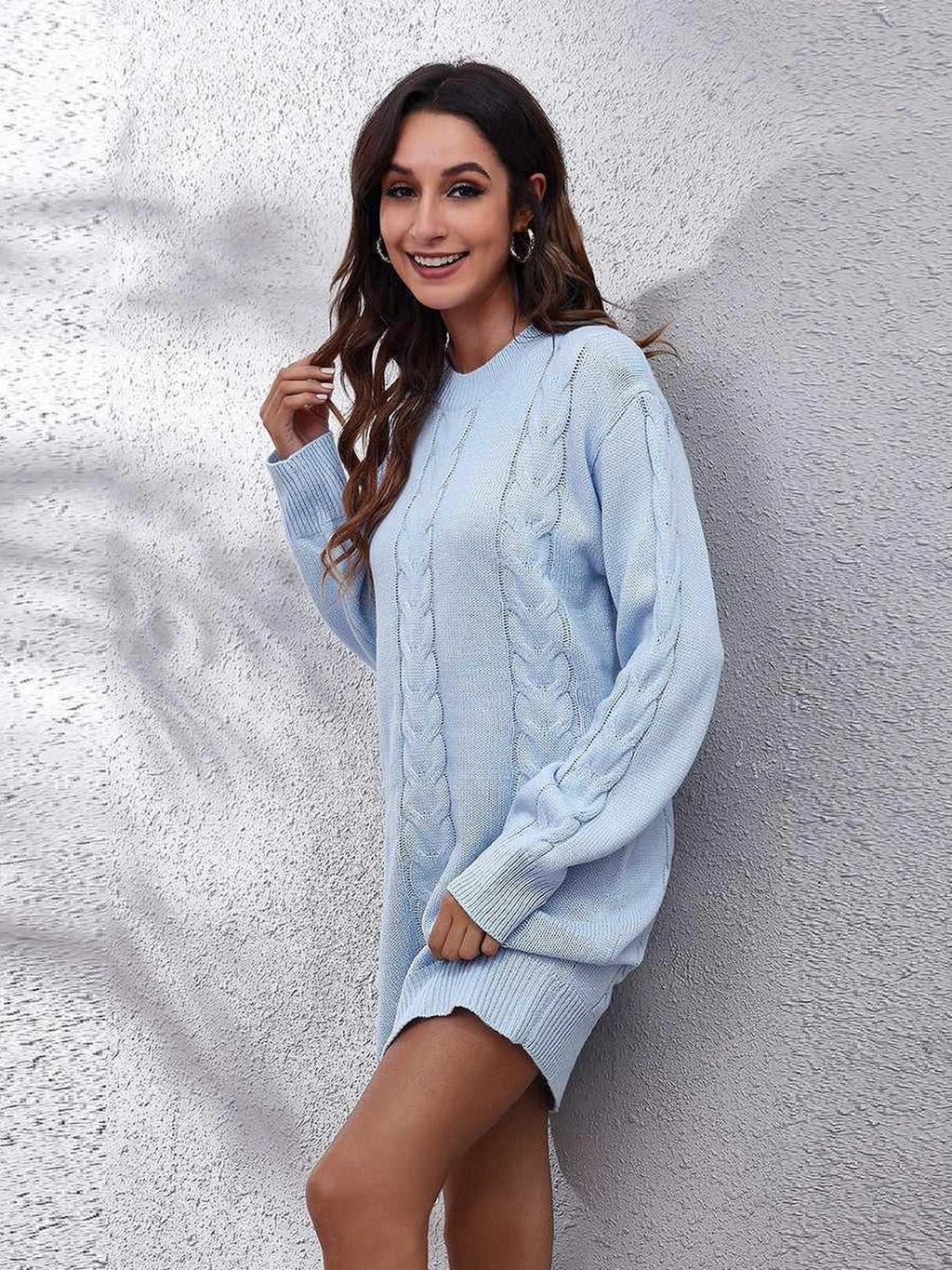 Cable-Knit Round Neck Sweater Dress -- 