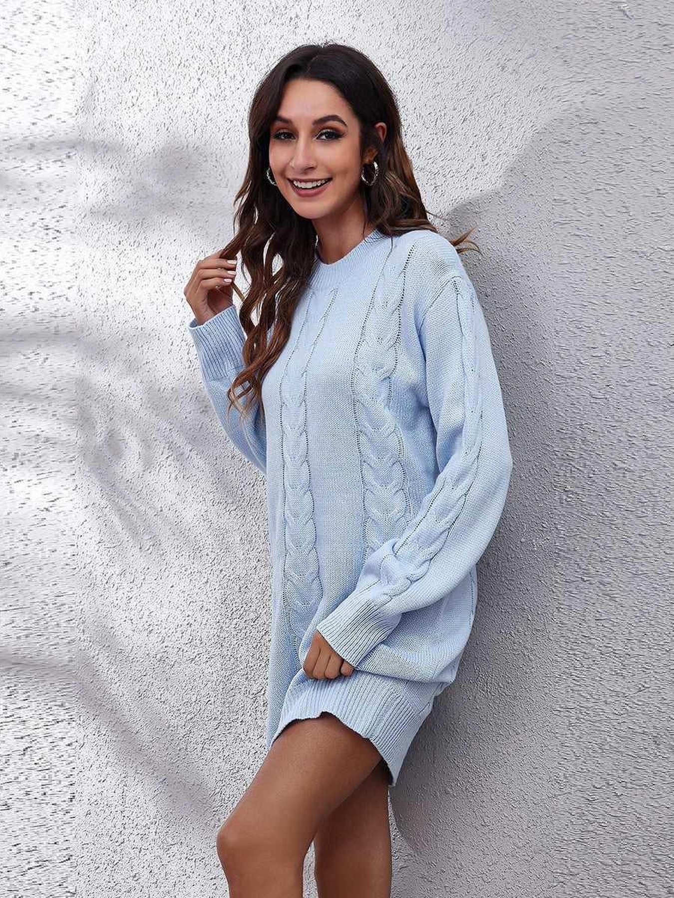 Cable-Knit Round Neck Sweater Dress -- 