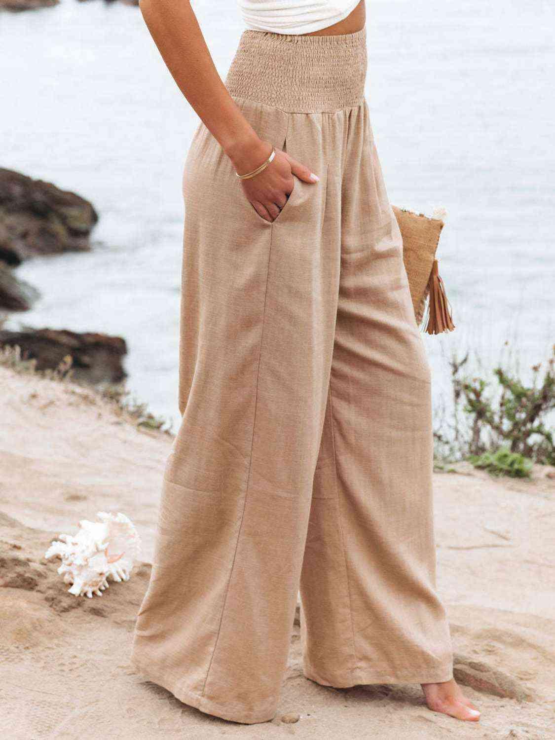 Full Size Smocked Waist Wide Leg Pants -- 