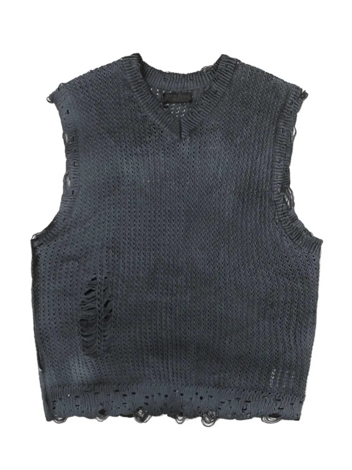 Men's Distressed Knit Vest with Frayed Edges