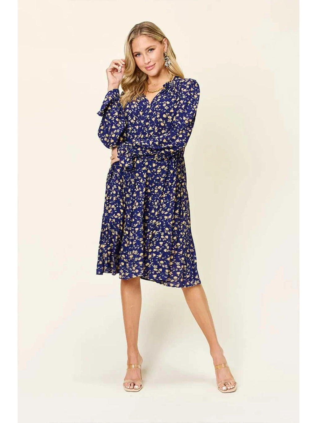 Double Take Full Size Printed Ruffle Hem Long Sleeve Tiered Dress -- 