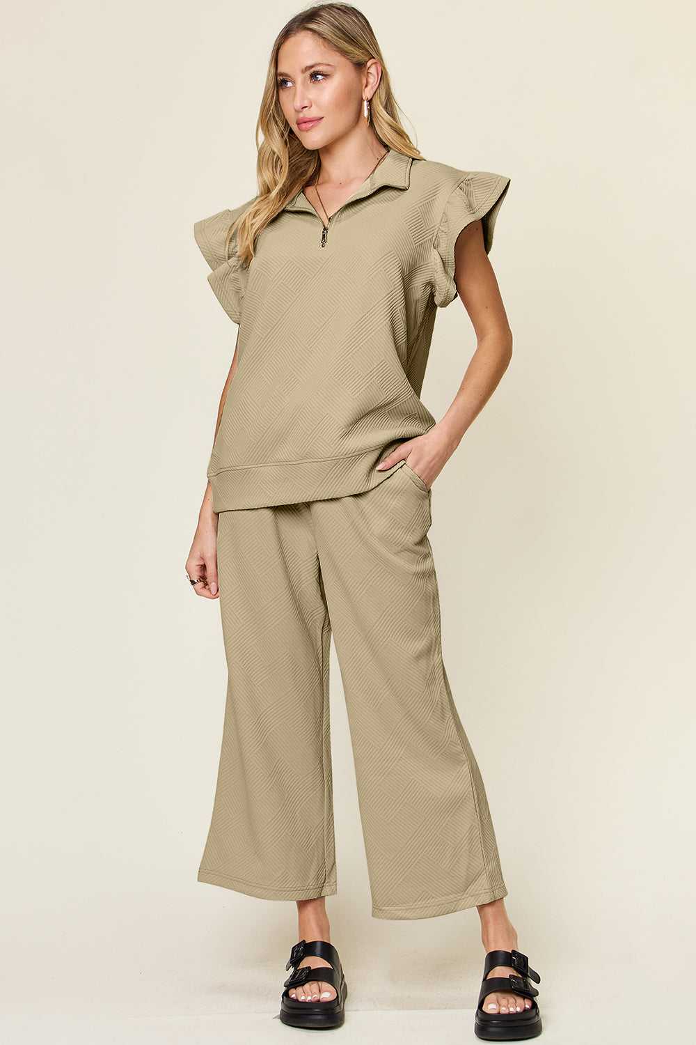 Ruffle Short Sleeve Top and Drawstring Wide Leg Pants Set