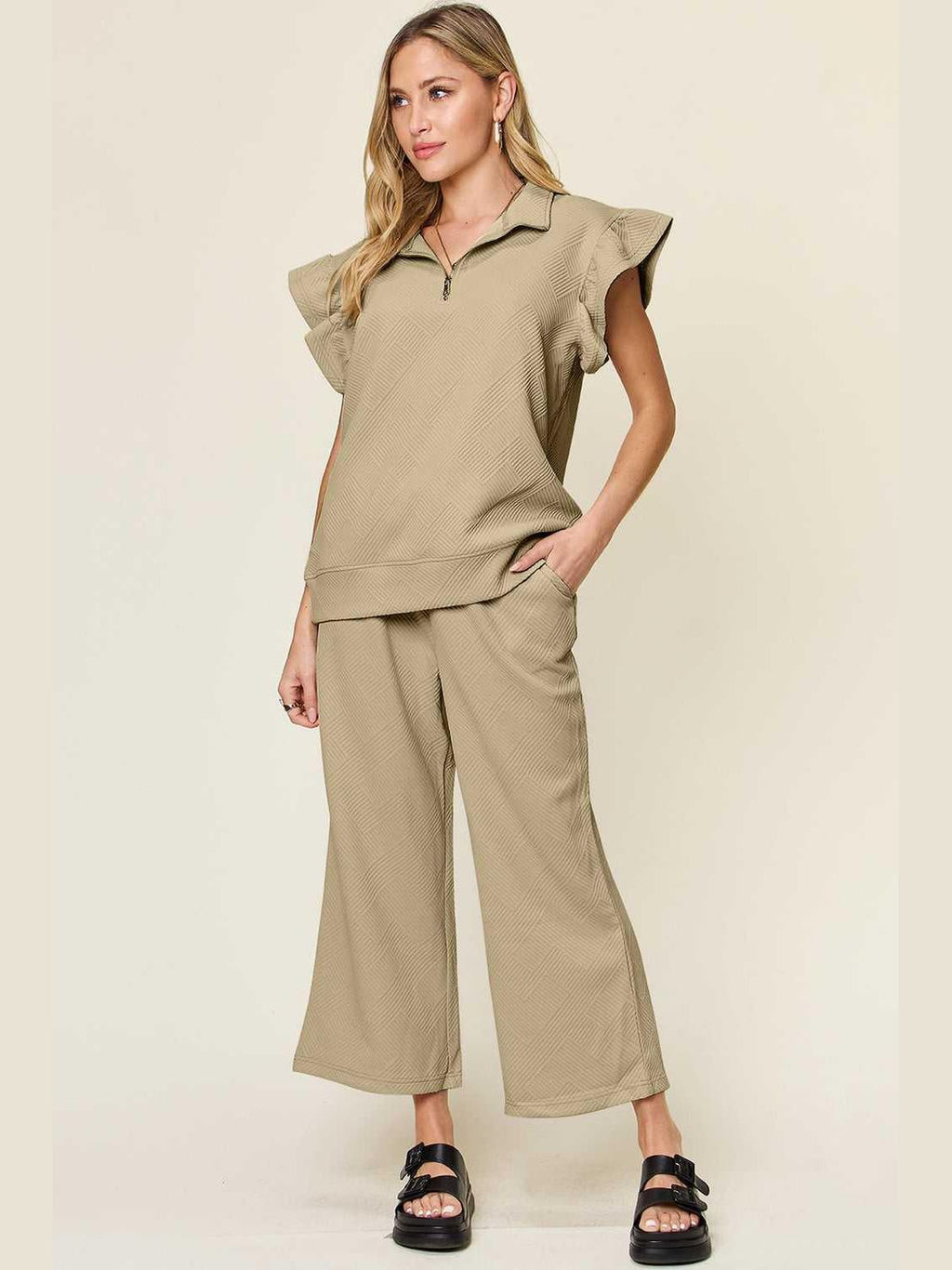 Ruffle Short Sleeve Top and Drawstring Wide Leg Pants Set -- 