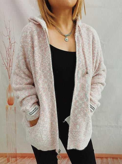 Zip Up Drawstring Long Sleeve Hooded Sweater -- 