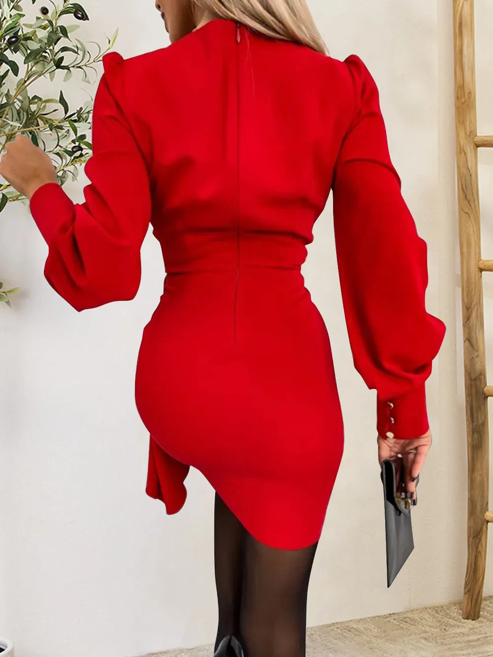 Lantern Sleeve V-Neck Midi Dress – Modest Long Sleeve Style