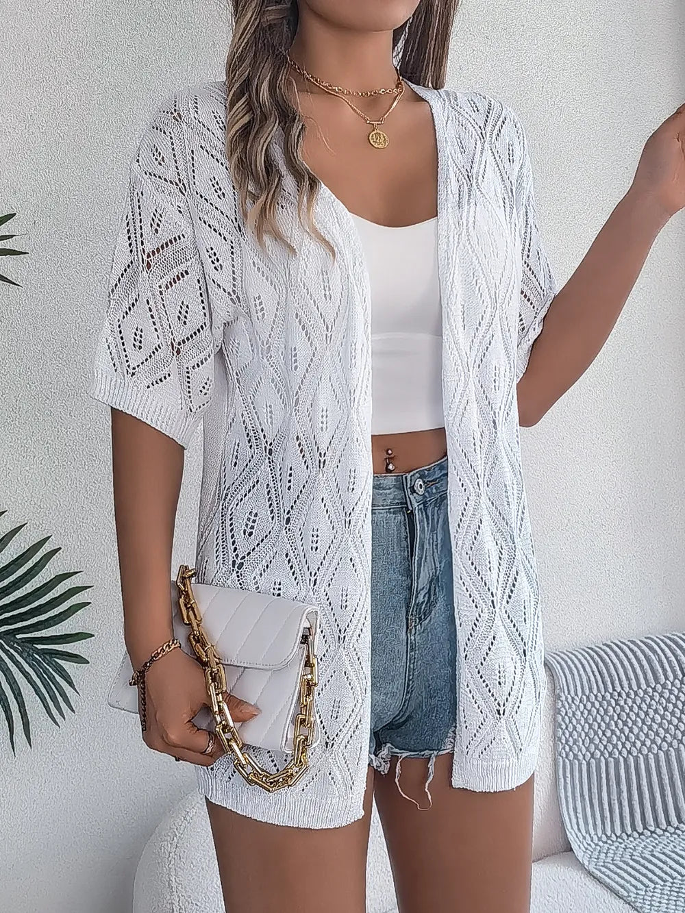 Openwork Open Front Half Sleeve Cardigan – White, Khaki & Blush Pink
