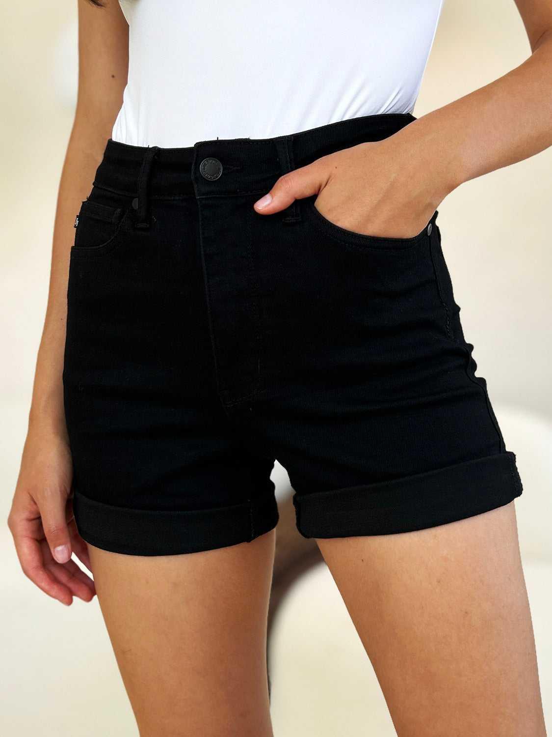 Judy Blue Full Size High Waist Tummy Control Cuffed Denim Shorts -- 