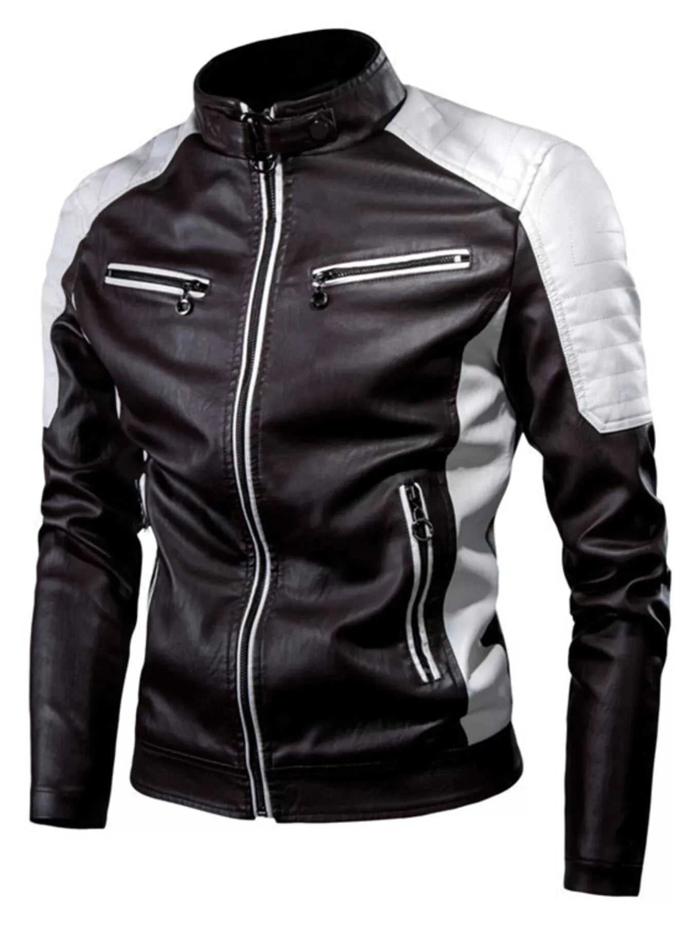 Men's Plus Size Two-Tone Slim Fit Motorcycle Leather Jacket