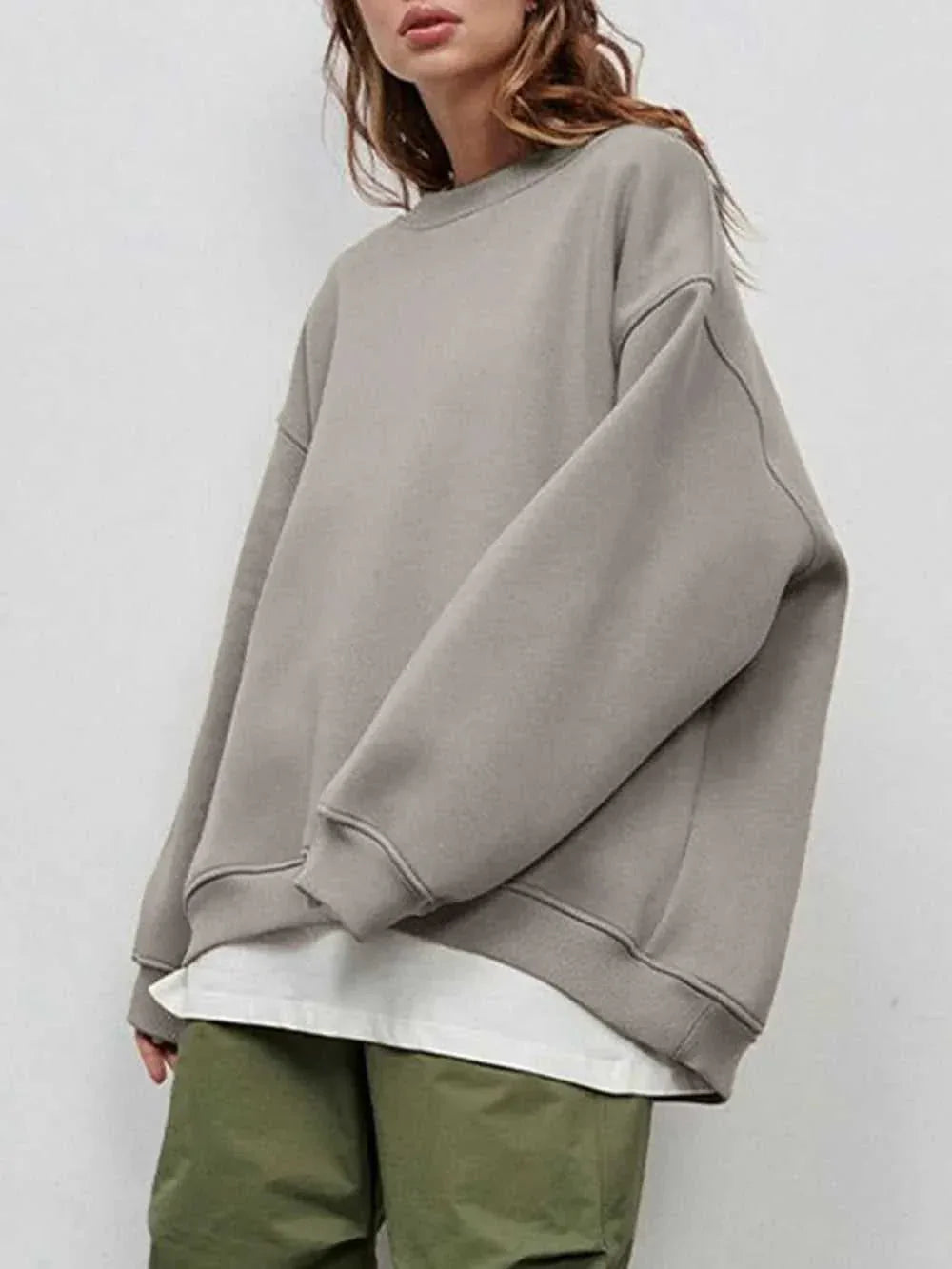 Round Neck Dropped Shoulder Long Sleeve Sweatshirt -- 