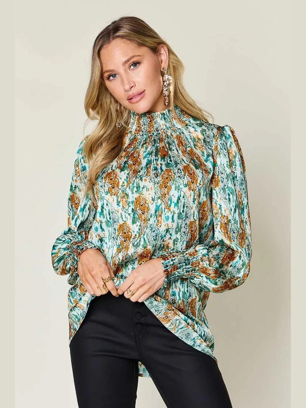 Double Take Full Size Printed Smocked Long Sleeve Blouse -- 