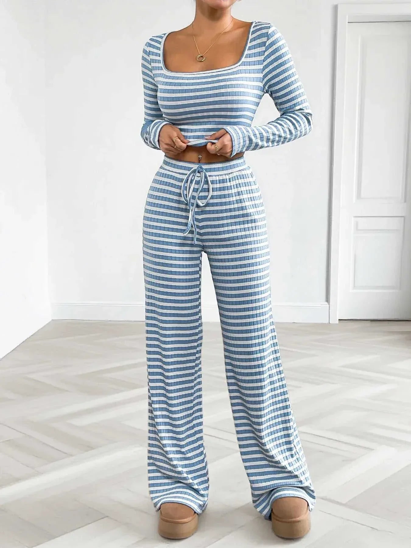 Striped Square Neck Long Sleeve Top and Pants Lounge Set -- 