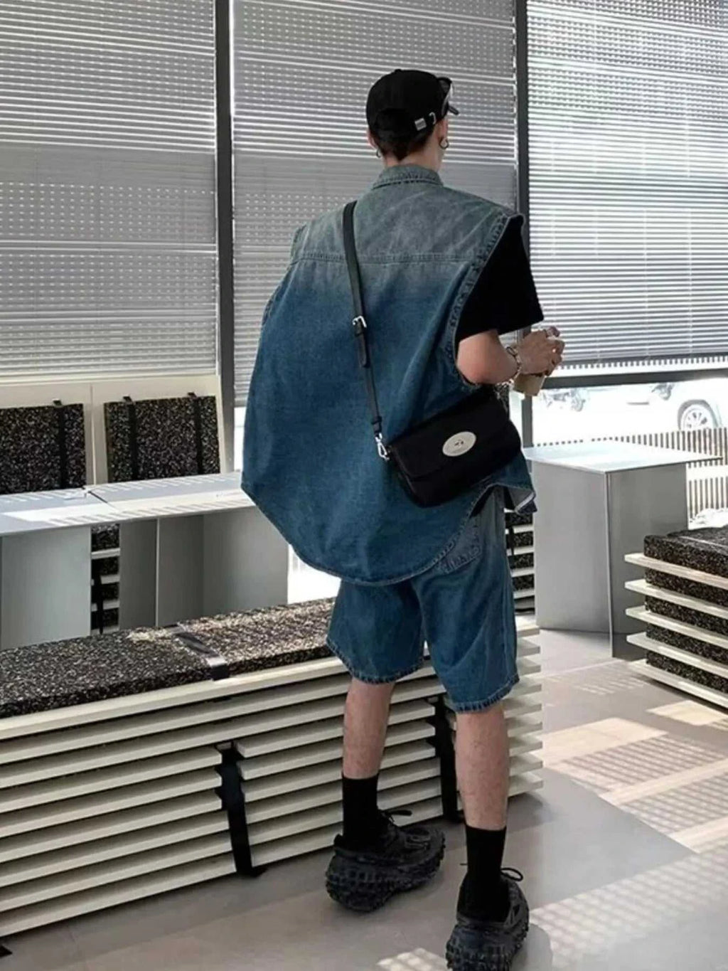 Men's Plus Size Button Up Vest and Shorts Denim Set