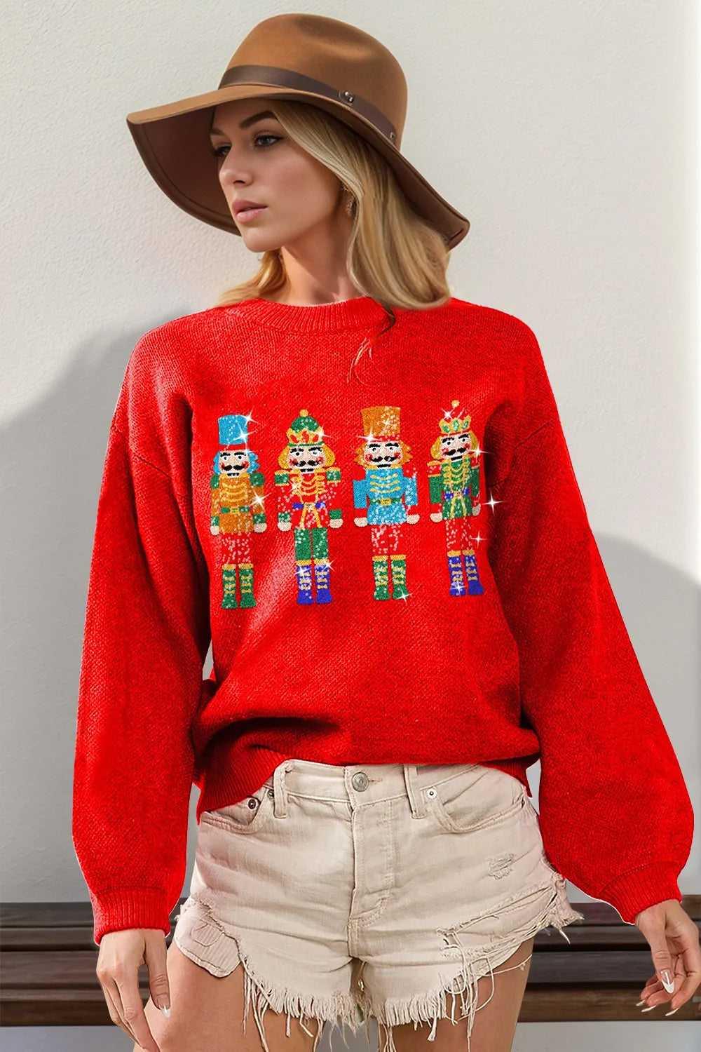 Double Take Full Size Sequin Nutcracker Long Sleeve Sweater -- 