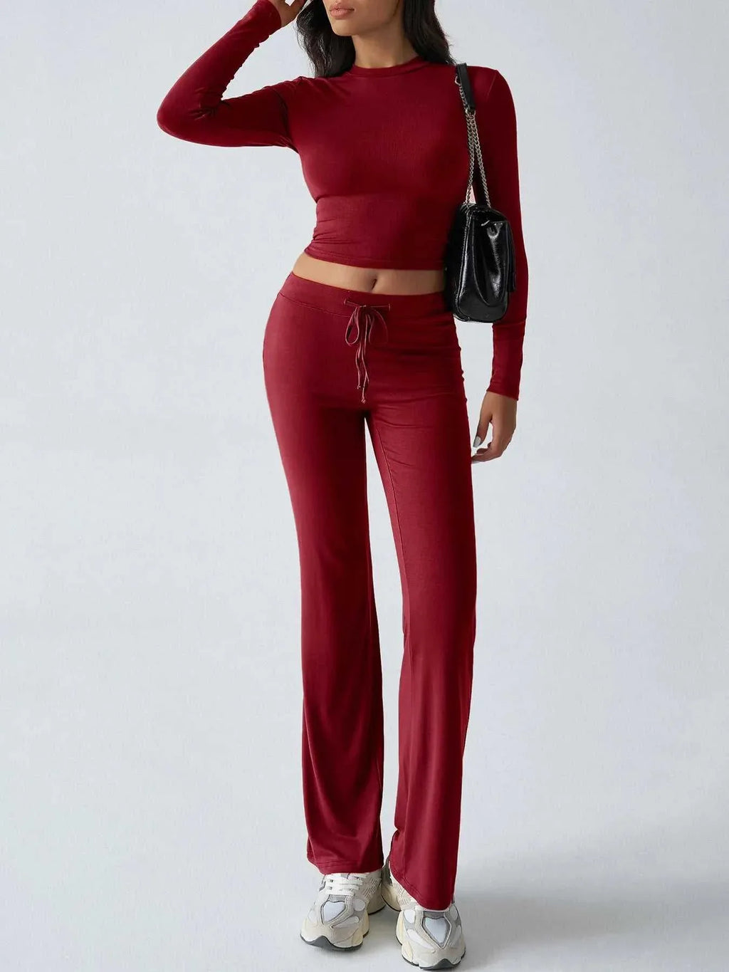 Round Neck Long Sleeve Top and Pants Set -- 