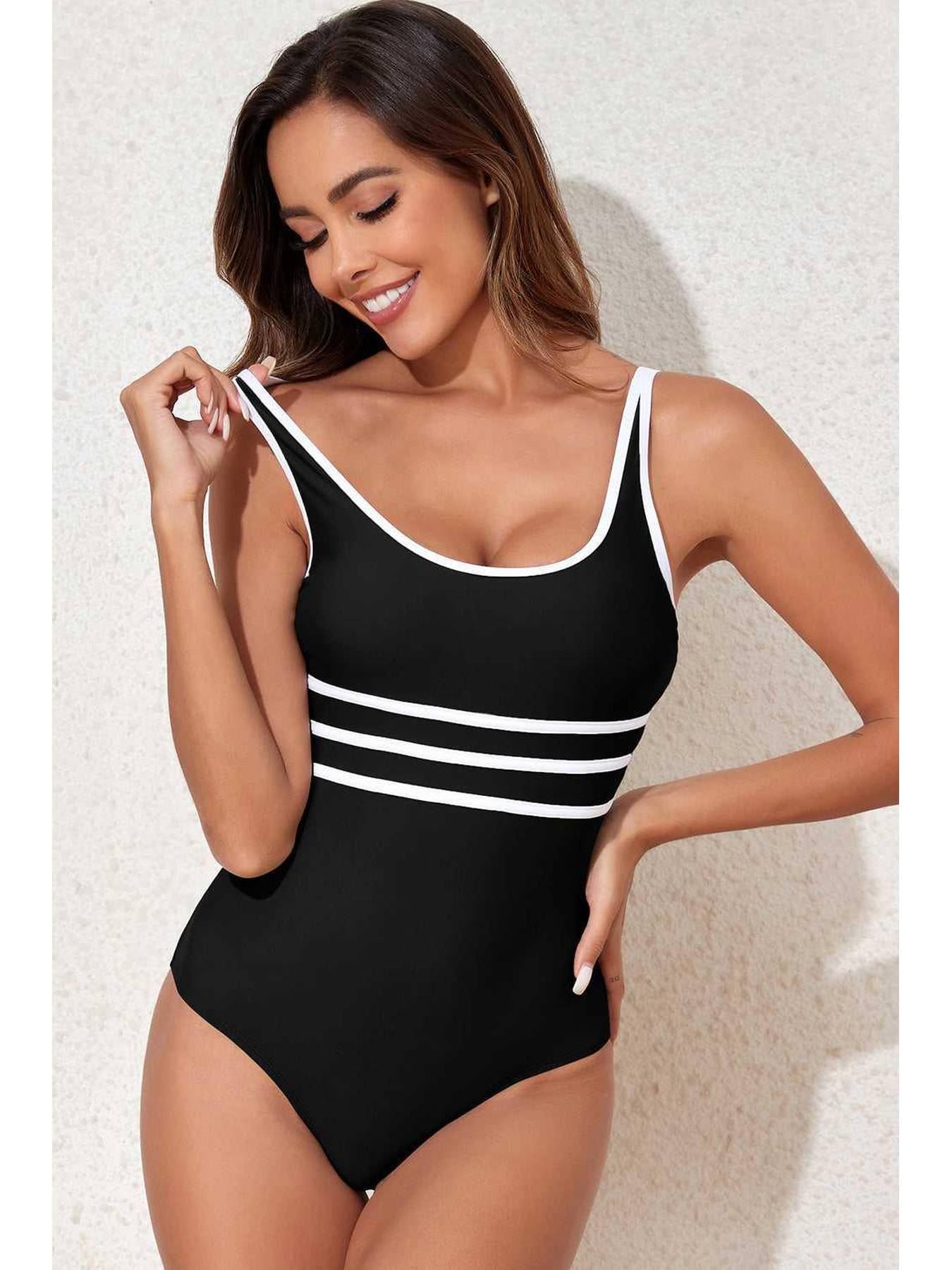 Contrast Trim Scoop Neck One-Piece Swimwear -- 