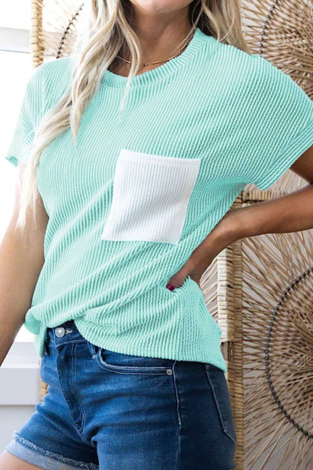 Corded Knit Color Block Pocketed Crew Neck T Shirt