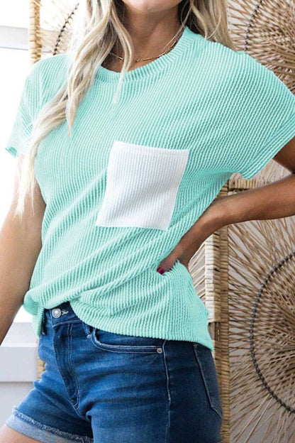 Corded Knit Color Block Pocketed Crew Neck T Shirt