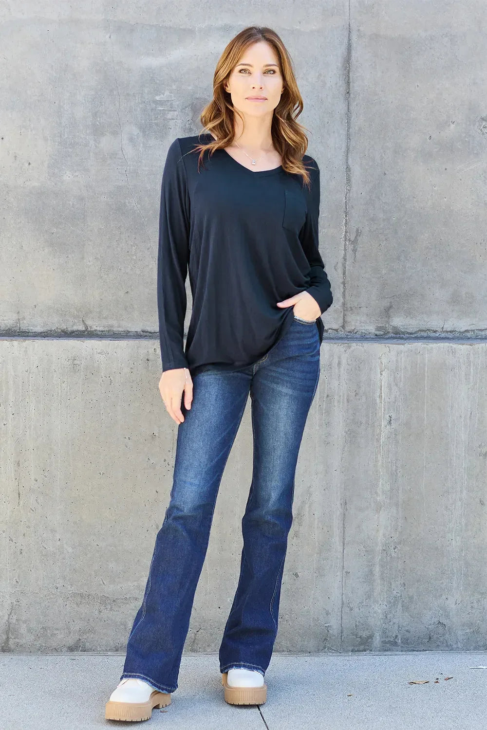 Basic Bae Full Size V-Neck Long Sleeve Top -- 