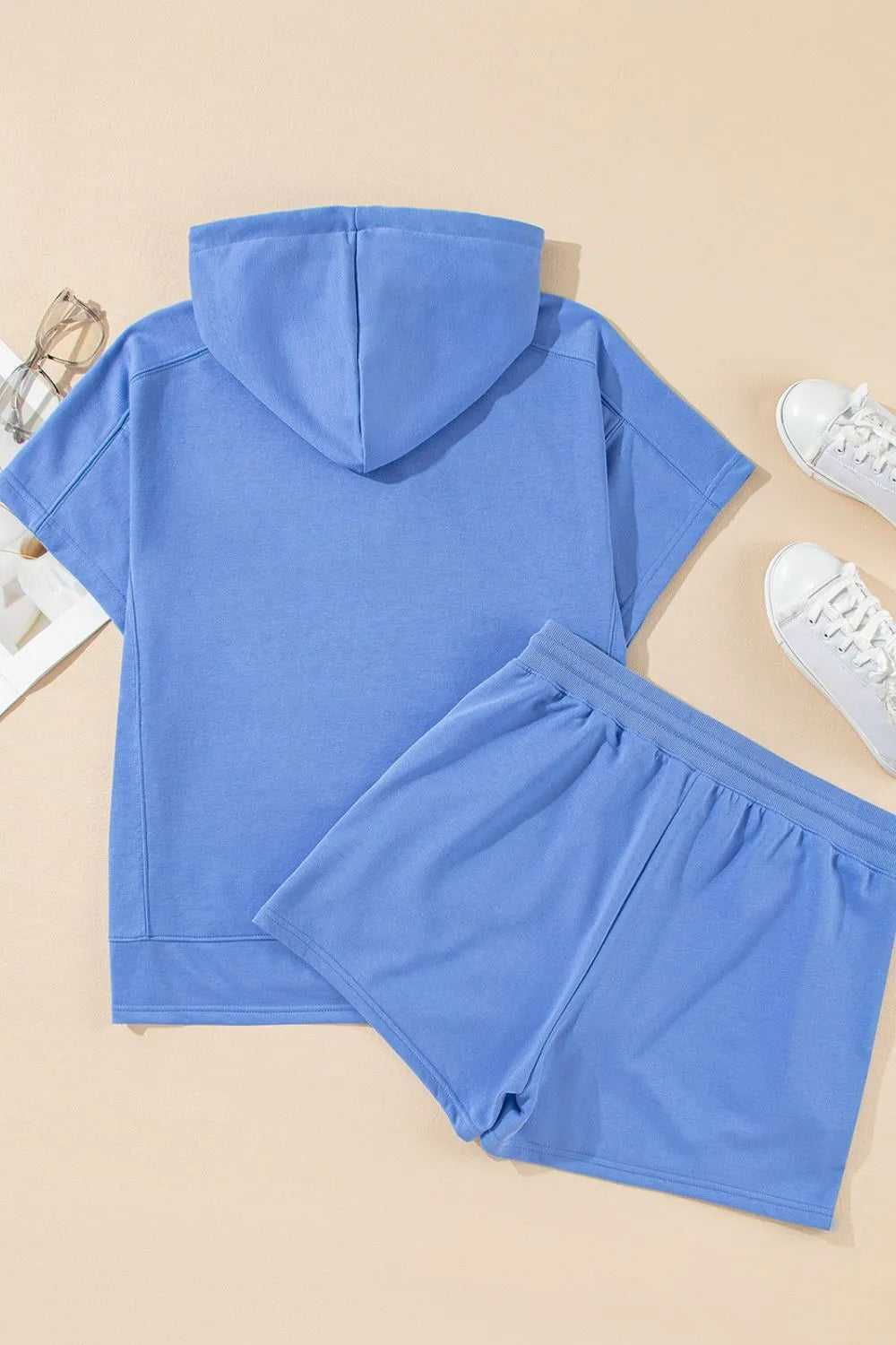 Drawstring Zipped Short Sleeve Hoodie and Shorts Set