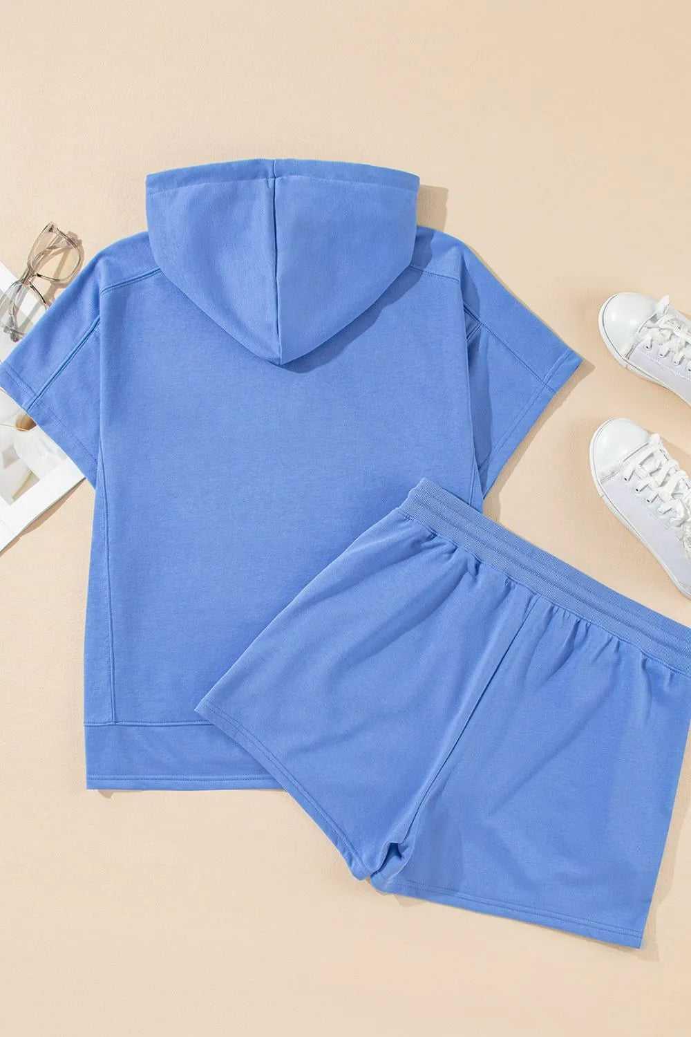 Drawstring Zipped Short Sleeve Hoodie and Shorts Set -- 