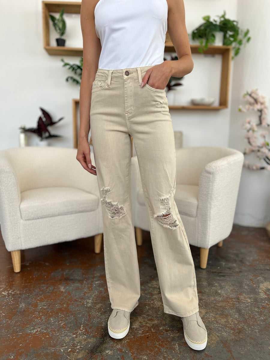 Judy Blue Full Size High Waist Distressed Wide Leg Jeans -- 