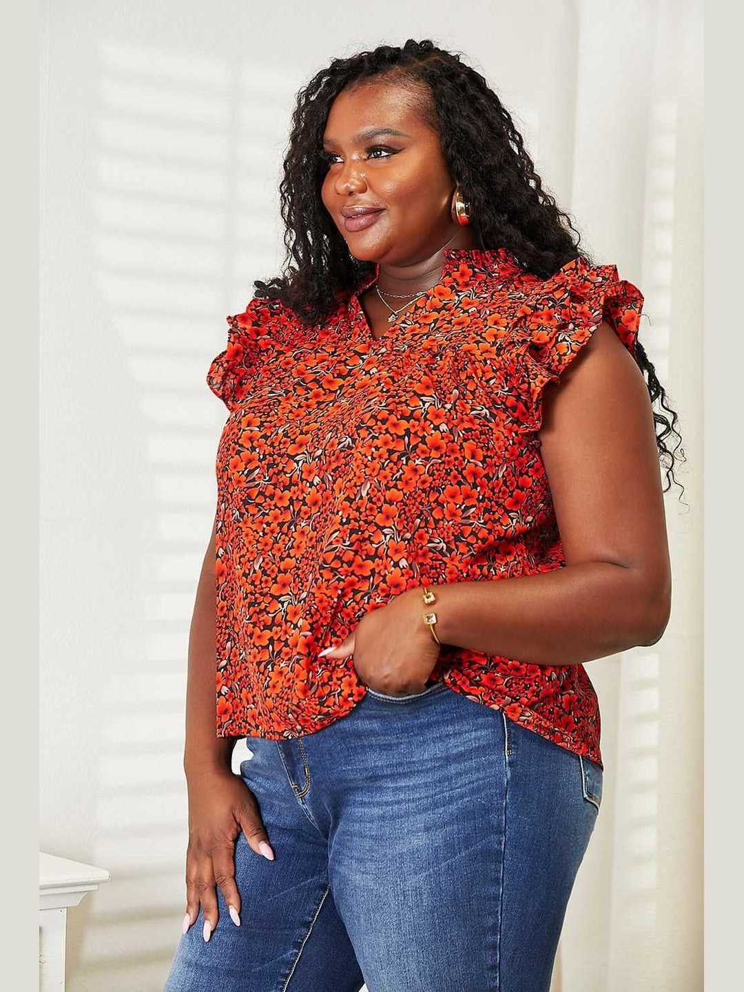 Double Take Floral Flutter Sleeve Notched Neck Blouse -- 