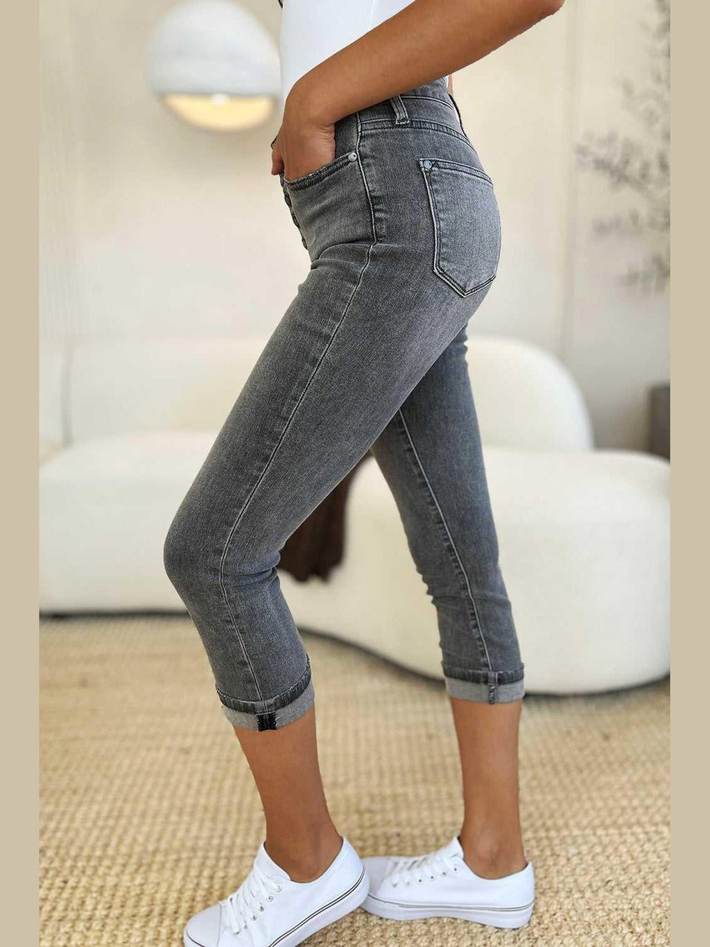 Judy Blue Full Size Button Fly High Waist Cuffed Capris -- 