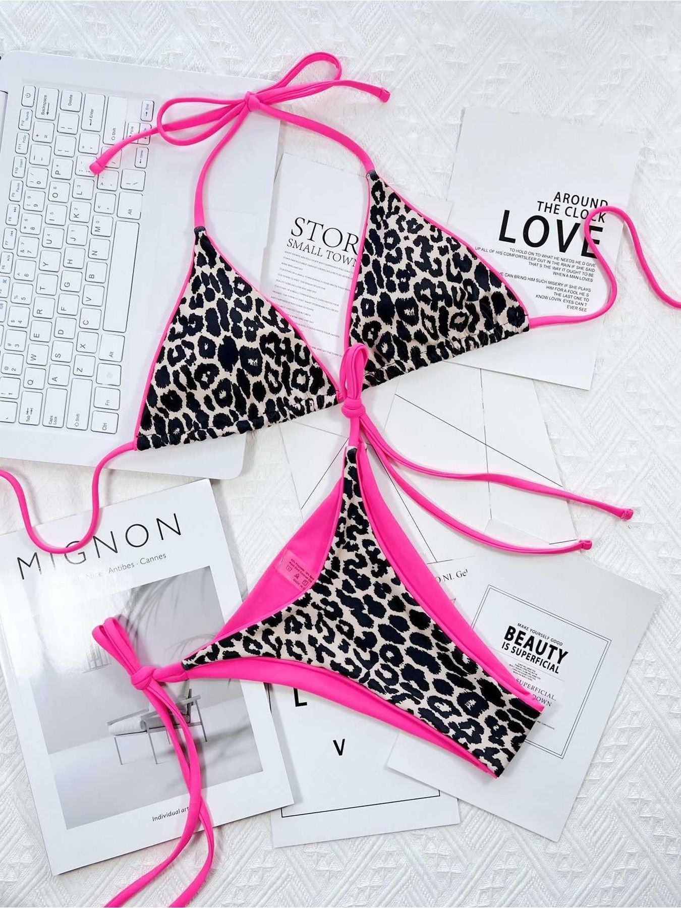 Leopard Print Halter Neck Tie Side Bikini Set -- 