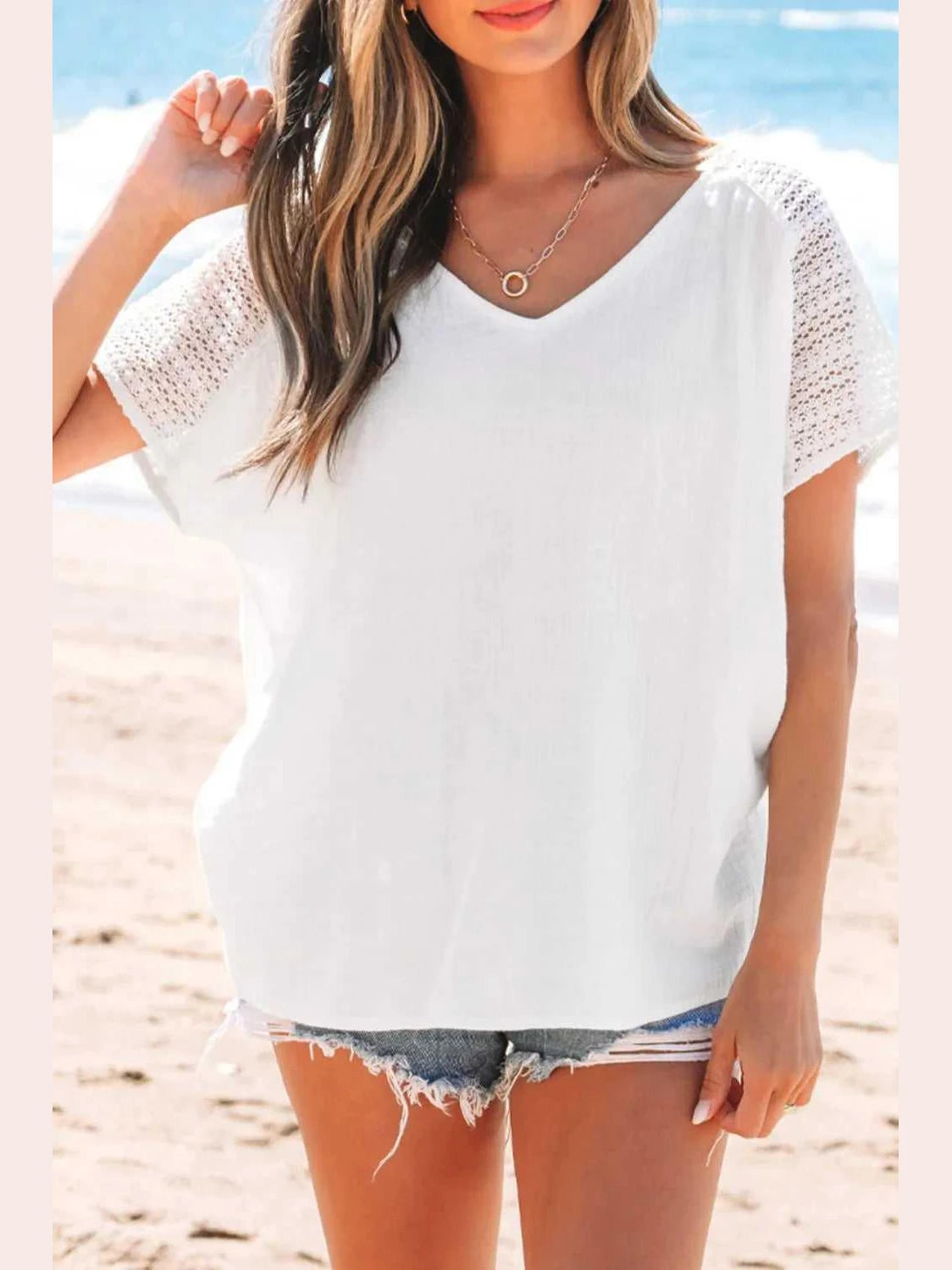 Lace Crochet Textured Button Back V Neck T Shirt -- 