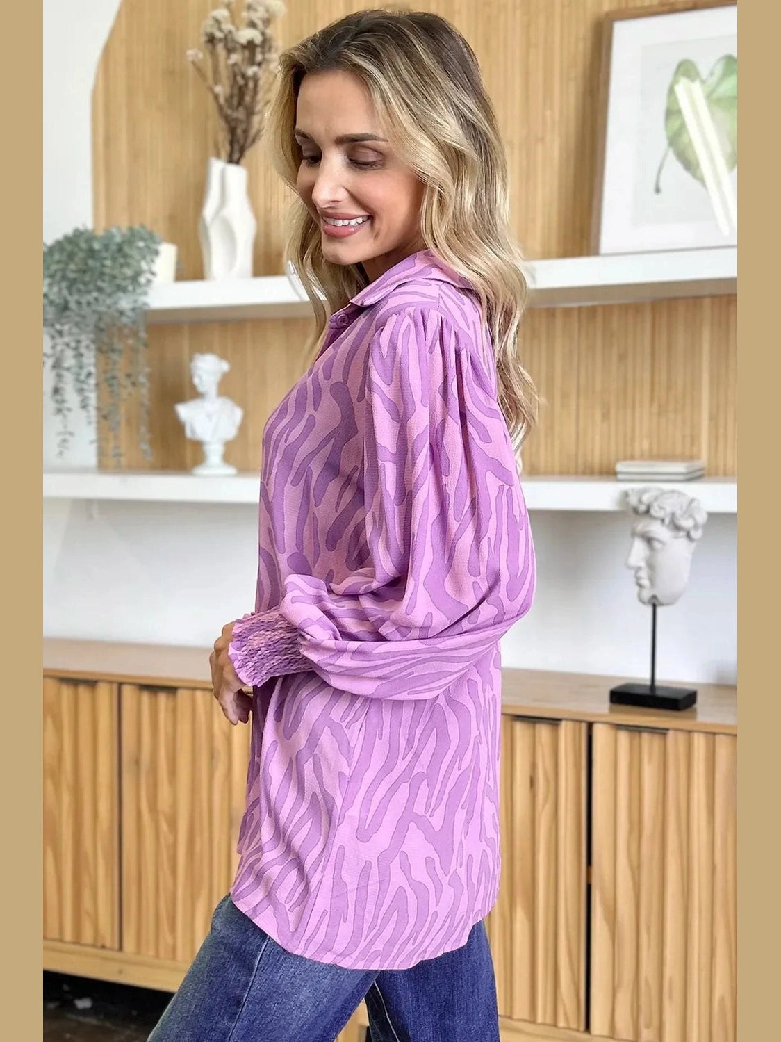 Double Take Full Size Printed Smocked Long Sleeve Blouse Plus Size -- 