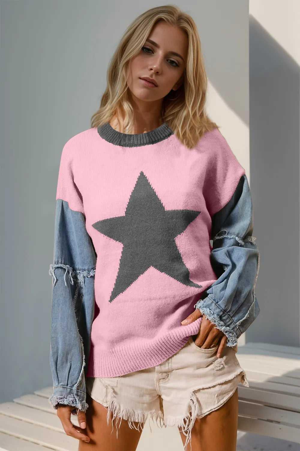 Double Take Full Size Star Pattern Raw Edge Long Sleeve Sweater -- 